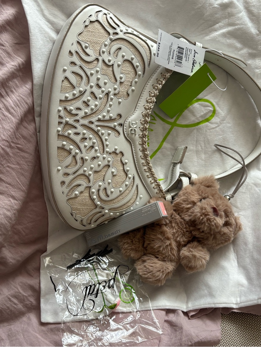 White Leather Shoulder Bag with Decorative Cutwork and Braided Trim - Picture 2 of 3